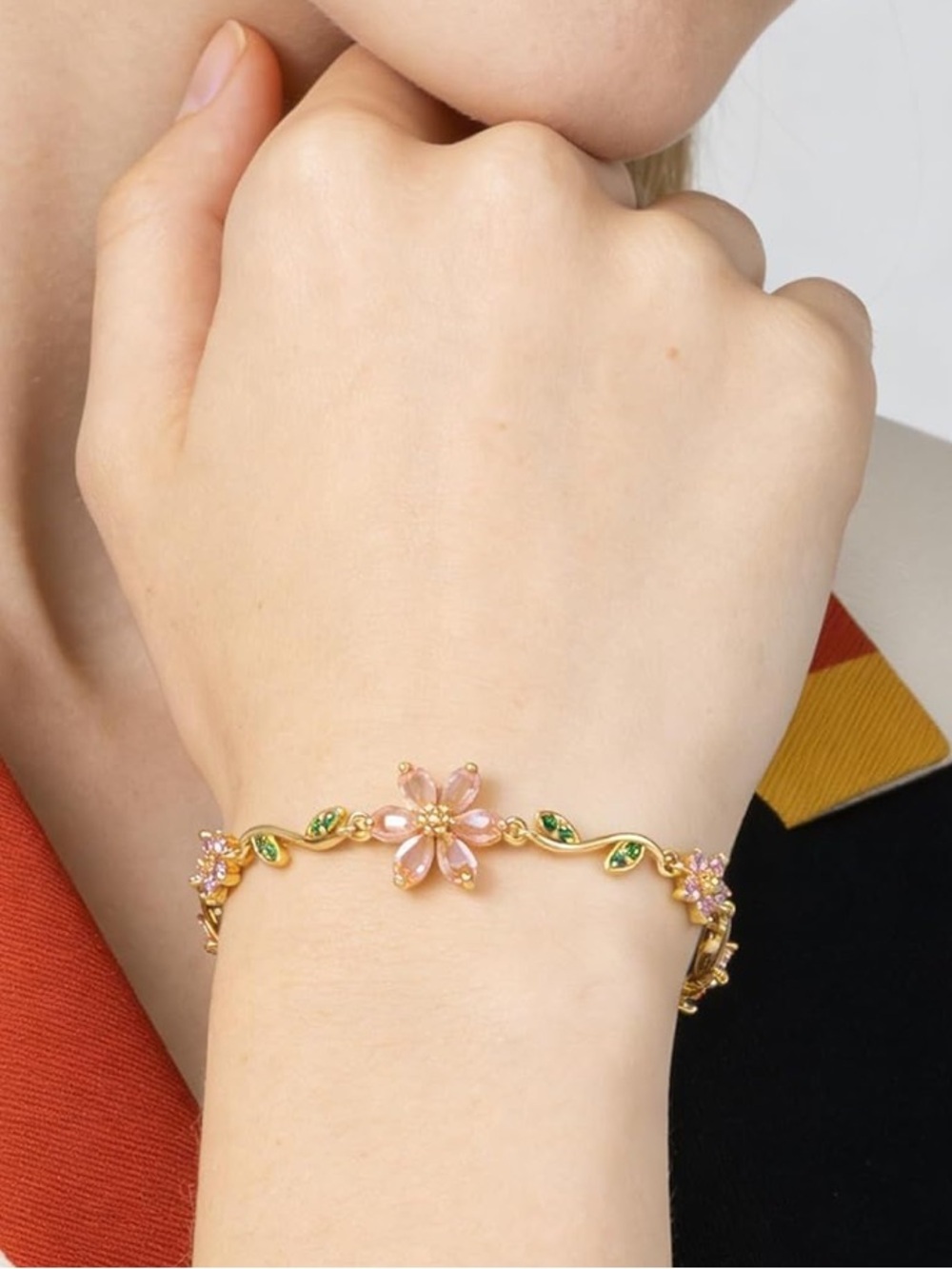 Anthropologie Gold Pink Green Floral Bracelet